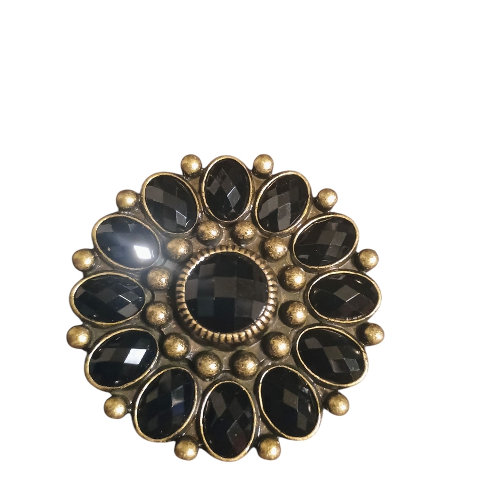 NWOT Premier Designs Elegant Gold Plate Black Floral Brooch Pendant 2 1/2 Inches